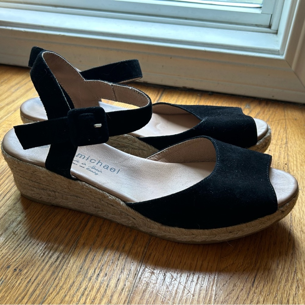 Eric Michael Black Wedge Sandals Peep-Toe espadrille suede
